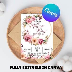 Muttertags-Brunch-Einladung bearbeitbare digitale Vorlage, personalisierte Pfingstrosenblumen-Brunch-Einladung, E-Invite 5x7 Zoll sofort druckbares DIY