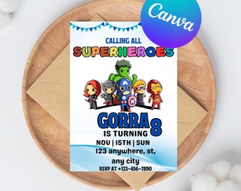 Superheroes Birthday Invitation Template, Printable Birthday Party Invitation, Digital Kids Party Invite Template, Superheroes Birthday