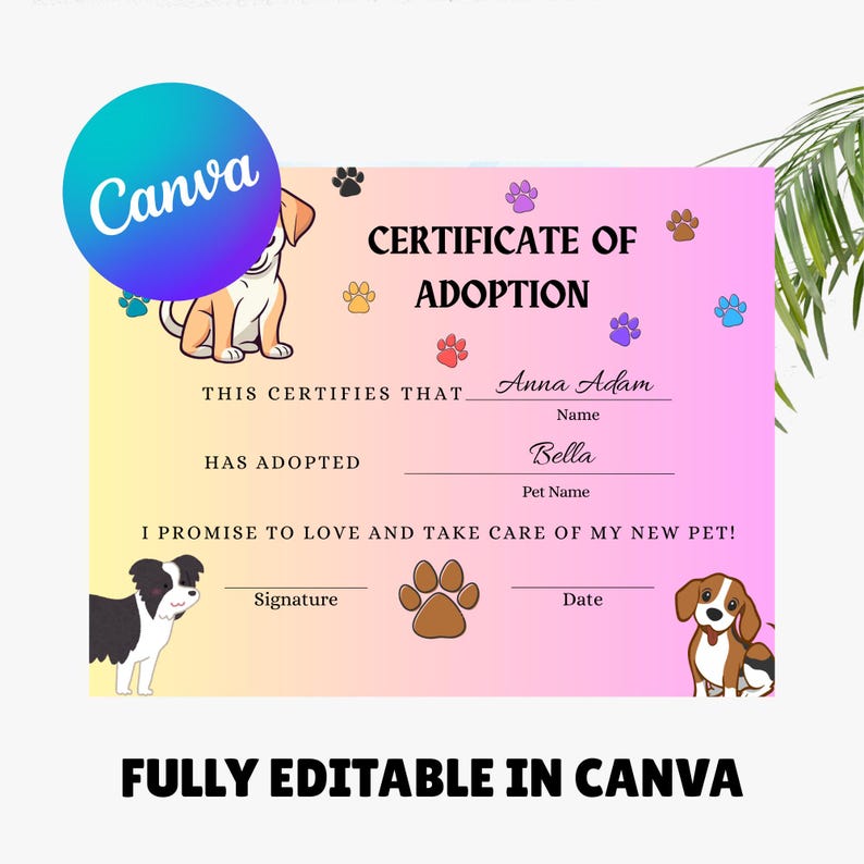 Editable Pet Adoption Certificate, Dog Certificate, Adoption Sign, Pet ...