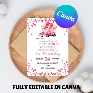 Valentine Sweetheart First Birthday Invitation, Our Little Sweetheart Valentine&#39;s Day Farmtruck Girl Pink Hearts First 1st Birthday Invite
