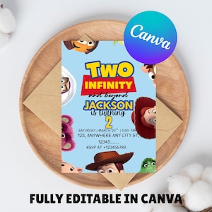Invito di compleanno modificabile a tema Toy Story, biglietto d'invito stampabile per la festa a tema Toy Story, modello Canva per il 3° compleanno dei bambini, biglietto di compleanno per il terzo compleanno