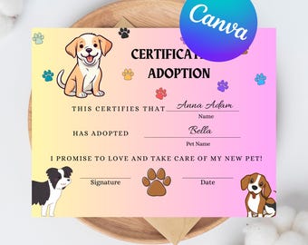 Editable pet adoption certificate, Dog certificate, Adoption sign, Pet Adoption, Printable, Custom adoption certificate