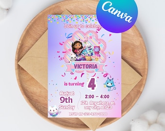 Convite para casa de bonecas da Gabby, aniversário infantil, convite para festa em casa de bonecas, convite digital, aniversário em casa de bonecas, modelo editável