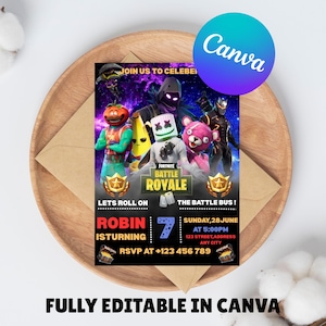 Editable Fortnites Birthday Invitation Video Game Party Invite Template for kids boy Canva Design Instant Download Gamer Party Invite Fort