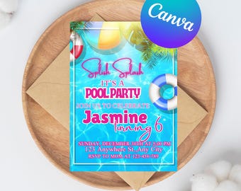 Invitación de cumpleaños editable "Splish Splash", fiesta en la piscina editable, invitación de cumpleaños para fiesta en la piscina, plantilla editable de Canva