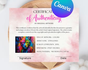 Certificado de autenticidad para arte, plantilla editable de certificado de autenticidad de artista, COA imprimible, plantilla de Canva