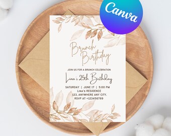 Verjaardagsbrunch bewerkbare uitnodiging roze perzik bloemen uitnodiging voor haar, verjaardagsbrunch volwassenen uitnodiging Canva-sjabloon