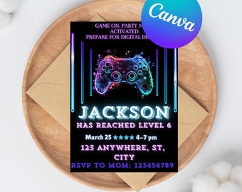 Faire-part de fête d'anniversaire jeu vidéo, passer un niveau supérieur, invitation à une fête d'arcade, invitation néon phosphorescent, gamer vidéo phosphorescent, toile modifiable