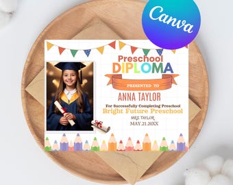 Diploma de preescolar imprimible - Certificado de graduación de preescolar - Plantilla editable de Canva - Diploma de descarga instantánea