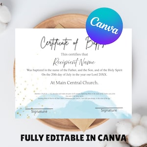 Plantilla de certificado de bautismo editable, certificado de bautismo minimalista imprimible, certificado con fondo de agua, descarga instantánea