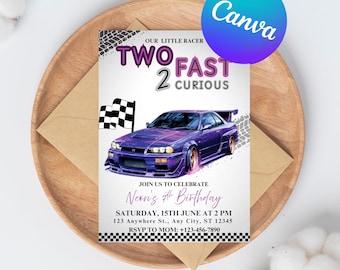 Invitation d'anniversaire deux rapides, invitation de voiture de course Two Fast 2 Curious, 2e anniversaire d'invitation, coureur, modèle modifiable toile, téléchargement immédiat