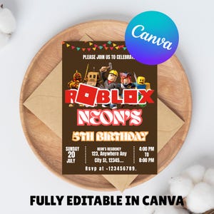 Editable Roblox Invitation, Roblox Invite, Game Party, Roblox Boys Birthday Invitation Template, Game Birthday, Kids Roblox, Canva