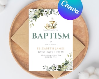 Christening Invitation Template, Botanical Christening Invite, Eucalyptus Greenery Christening Invitation, Editable Template