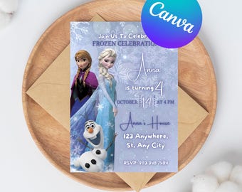 May include: A purple and blue invitation card with a Frozen theme. The card features images of Anna and Elsa from the movie Frozen, along with Olaf. The text on the card reads "Join Us To Celebrate Frozen Celebration, Anna is turning 4, October 14 at 4 PM, Anna's House, 123 Anywhere, St, Any City, RSVP: 903.348.7484".