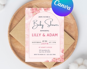 Roze sjabloon babyshower, vintage elegante chinoiserie blush bloemen babyuitnodiging, Victoriaanse Franse toile bewerkbare uitnodiging