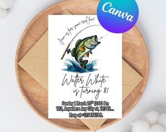 Puede incluir: Tarjeta de invitación de cumpleaños con una ilustración de un pez saltando y una caña de pescar. La tarjeta es para el 81 cumpleaños de Walter White, con detalles del evento e información de RSVP. El texto "Join us for some real fun!" está incluido. El logotipo de Canva es visible.