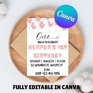 Pink Balloon Birthday Invitation Template, Editable Pink Balloon Invite Template, Minimal Watercolor Balloon Party Invite, Instant Download