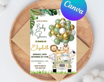 Ensemble d'invitations modifiable pour baby shower Oh Boy Safari, lot d'invitations pour baby shower dans la jungle, modèle d'invitation animaux de safari dans la verdure de la jungle