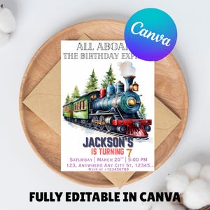 Train Birthday Invitation,All Aboard Train Express Invite,Vintage Train Birthday Party,Train Invitation,Instant Download,Editable,Canva