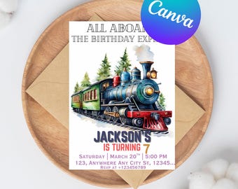 Train Birthday Invitation,All Aboard Train Express Invite,Vintage Train Birthday Party,Train Invitation,Instant Download,Editable,Canva