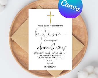 Boho Baptism Invitation Template, Minimalist Baptism Invitation, Baptism Invitation Instant Download, Simple Baptism Invite Invite DIY