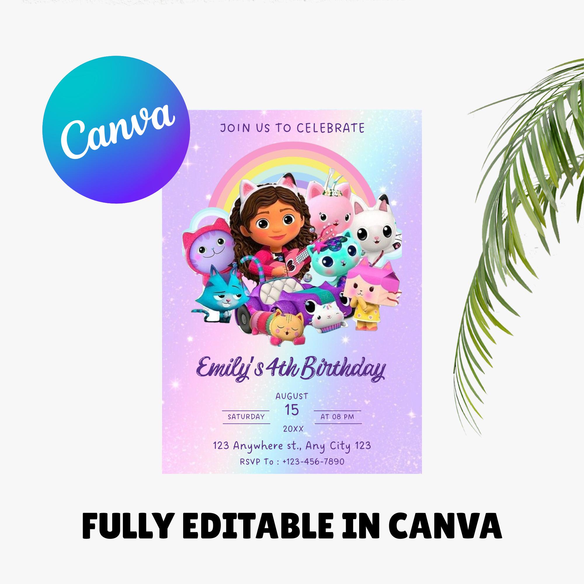 編集可能なギャビーのドールハウスの誕生日招待状テンプレート