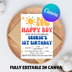One Happy Boy Birthday Invite, Editable 1st Birthday Invitation Boy, First Birthday Invitation, Sunshine Boho One Happy Boy Invite