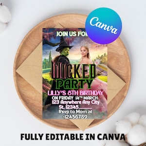 Editable Wicked Pool Party Invite Invitation Birthday Digital 5x7 Instant Download Elphaba Glinda Kids Template