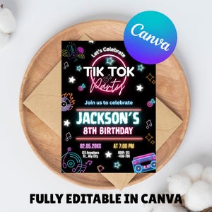 Könnte beinhalten: Eine neonrosa und blaue TikTok-Partyeinladung mit schwarzem Hintergrund. Die Einladung lautet "Let's Celebrate" und "TikTok Party" in neonrosa und blauer Schrift. Außerdem steht "Join us to celebrate Jackson's 8th Birthday" und es sind Datum, Uhrzeit und RSVP-Informationen enthalten.