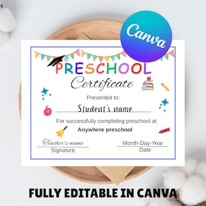 Druckbares Vorschul-Abschluss-Zertifikat Canva Vorlage Bearbeitbares Vorschul-Zertifikat Druckbarer letzter Tag des Vorschul-Diploms