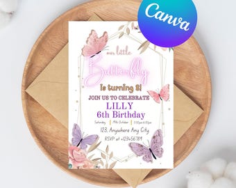 May include: A birthday invitation with a butterfly theme. The invitation features pink and purple butterflies, floral accents, and the text "our little Butterfly is turning 8!" The invitation is on a white background with a wooden plate and envelope.