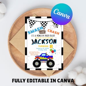 Monster truck Birthday Invitation editable template birthday party Invite Printable Canva instant download monster trucks