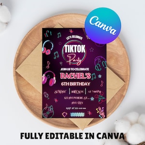 TikTok-verjaardagsuitnodiging, tik tok uitnodigen, afdrukbare bewerkbare partij uitnodiging sjabloon blogger partij, tik-tok muziek feest kinderuitnodiging