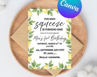 Editable Our Main Squeeze Lemon Birthday Invitation, Lemon Birthday Invite, Citrus Lemon Birthday Invitation Template Kids Birthday Invite