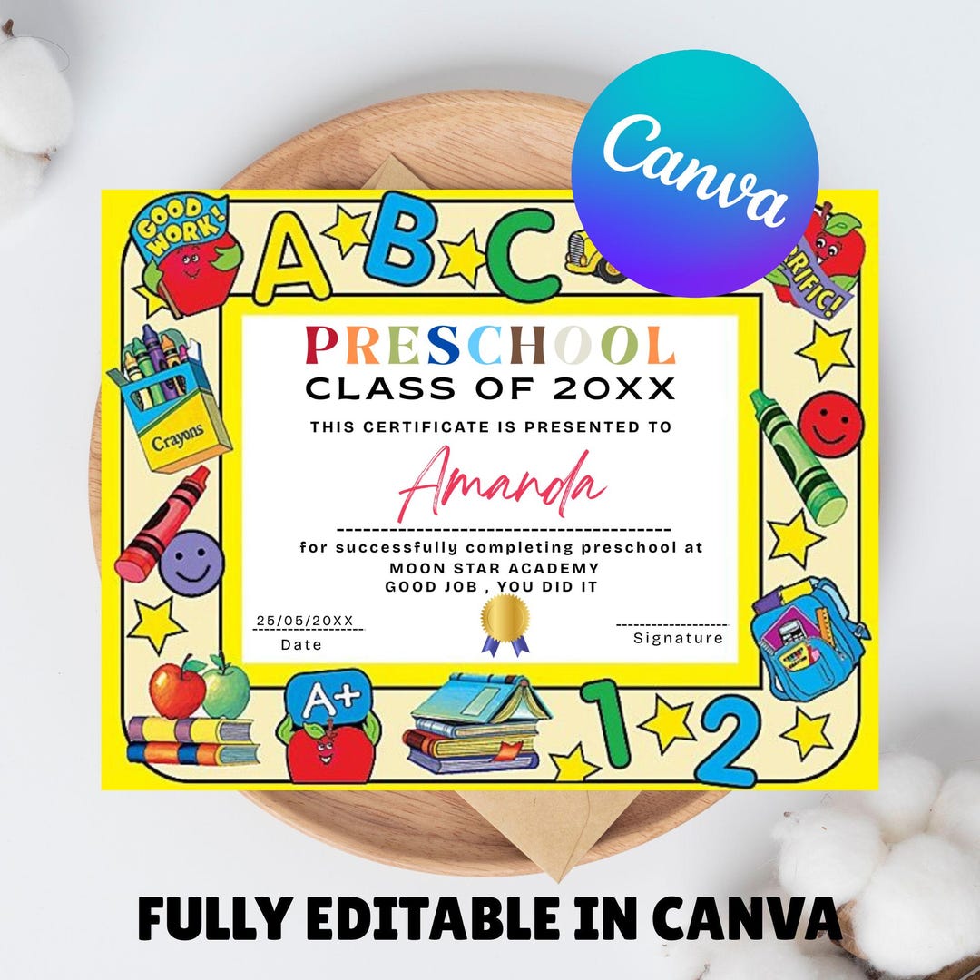 Printable Preschool Graduation Certificate Canva Template Editable ...