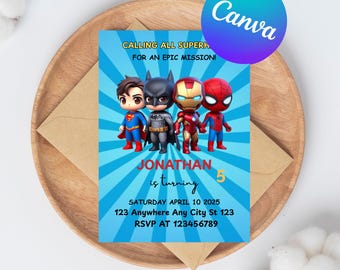 Printable Boy Birthday Invite, super hero Editable party Invitation, spiderman, hulk, captain america Invite template, avengers invitation