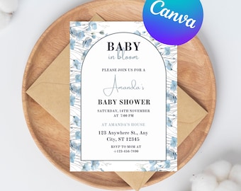 Invitación de bebé azul en flor, invitación para baby shower de flores silvestres para niño, baby shower floral de primavera y verano, plantilla de invitación digital para baby shower