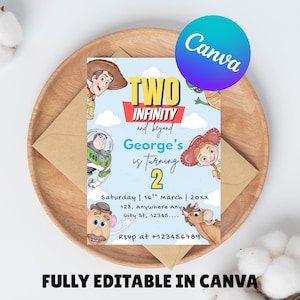 May include: A blue and red birthday invitation featuring characters from the Toy Story movie franchise. The invitation says "Two Infinity and Beyond George's is turning 2" and includes the date, time, and RSVP information.
