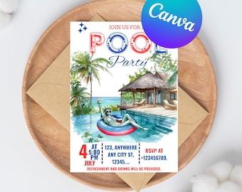 4th of July Pool Party Invitation Editable, Independence Day Patriotic BBQ Invite, Fireworks, Stars and Stripes, Printable 4th July Template