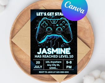 May include: A black invitation card with a blue neon-style game controller graphic. The card reads "Jasmine has reached level 10" with event details. The Canva logo is in the upper right corner. The text "FULLY EDITABLE IN CANVA" is at the bottom.