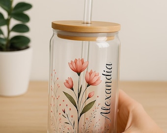 Verre à siroter floral 16 oz : Récipients à boissons de cuisine personnalisés avec paille