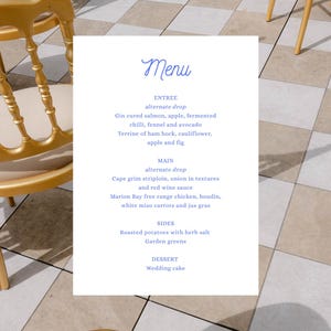 Modelo de cardápio de casamento, clássico, minimalista, moderno, tradicional, atemporal, azul, evento, comida, jantar, refeição, HS002