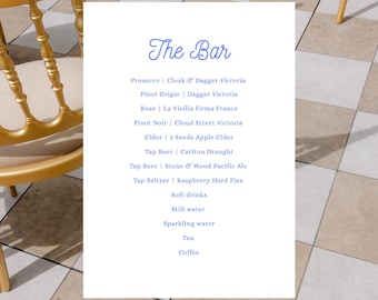 Bar Drinks Menu Template, Wedding, Classic, Minimalist, Traditional, Timeless, Blue, Event, Beverages, HS002
