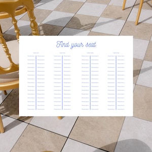 Modèle de plan de table pour mariage, classique, minimaliste, traditionnel, intemporel, bleu, événement, invités, HS002