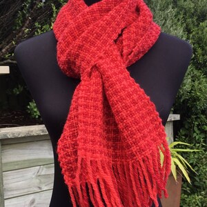 Handwoven wool scarf in red and pink houndstooth check image 5