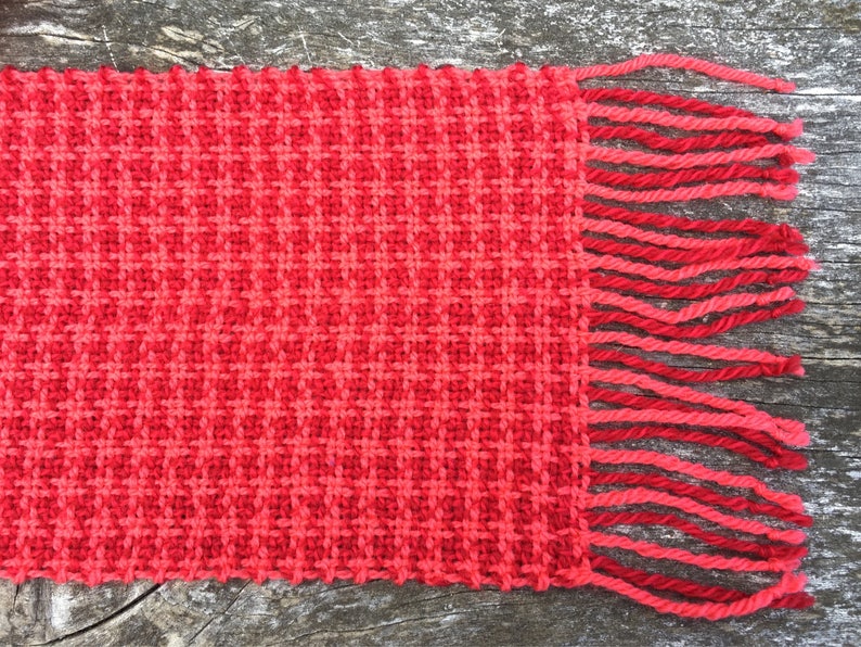 Handwoven wool scarf in red and pink houndstooth check image 9