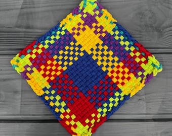 Cotton loop potholder, bright colours with wooden hanger, 20 x 20cm