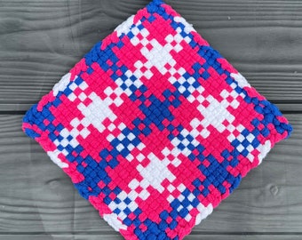 8" pink, blue and white cotton loop pot holder