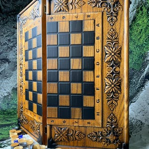 Hand carved chess, Wooden inlaid chess board, wooden game, artistic chess board, chess sets with board, handmade game board