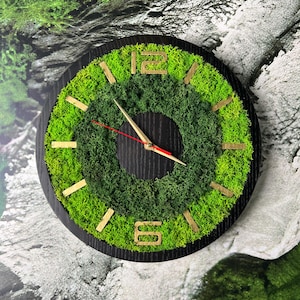 May include: Round wall clock with a black frame and a moss-covered face. The clock features gold-colored hour markers and hands, with a red second hand. The clock's face is filled with vibrant green moss.
